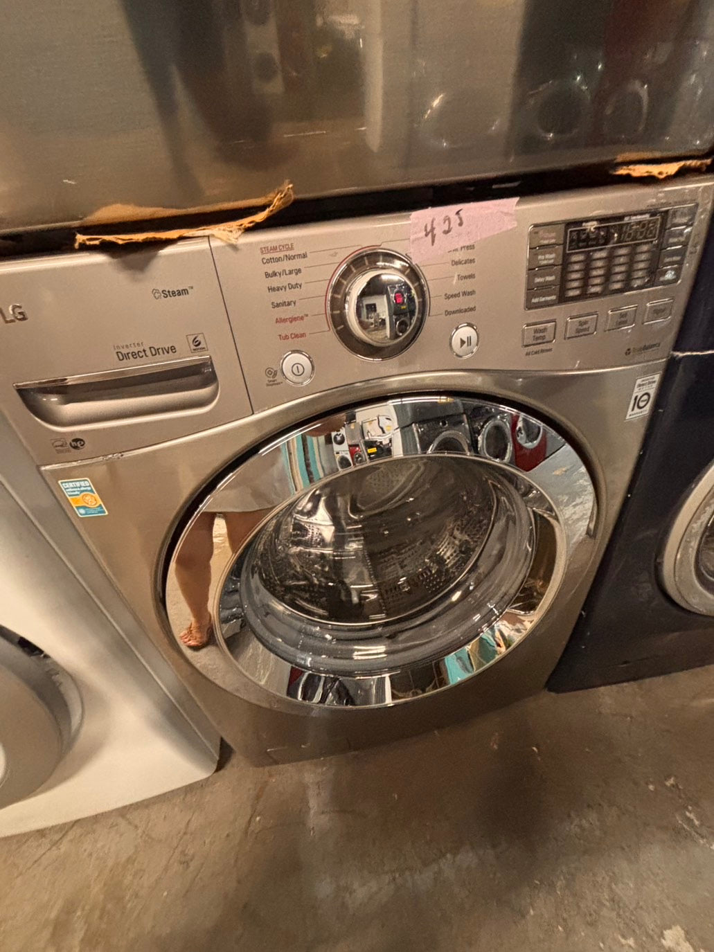 >*Used-great conditions refurbished LG steam washer 4.5cu ft & electric steam dryer 7.5 cu ft large capacity set electric 220v front load stackable or side by side - sensor dry He in silver-gray  #W9PU6SET