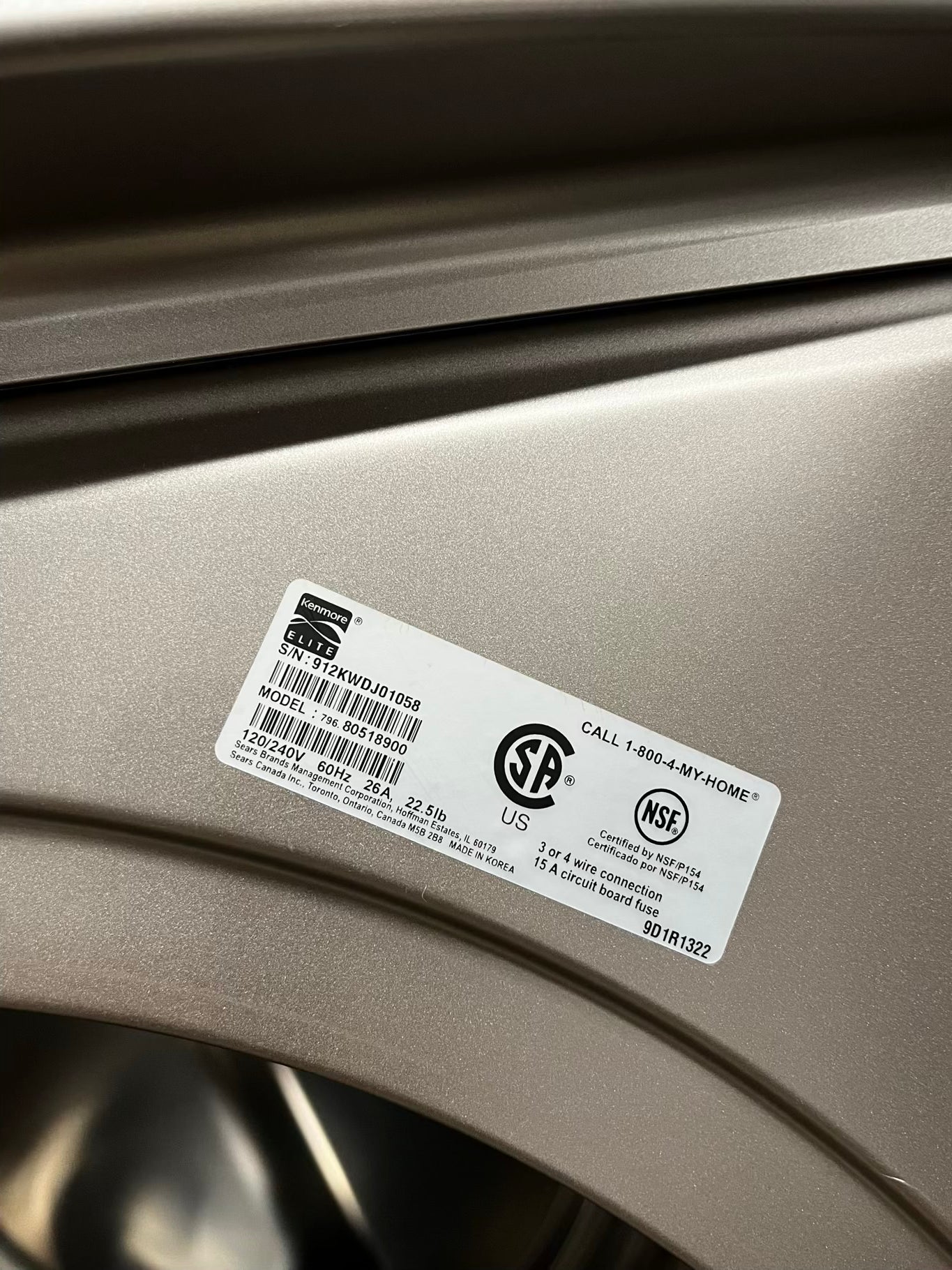 • Kenmore washer 4.5 cu ft & dryer 7.5 cu ft set electric 220v front load stackable or side by side - sensor dry He in champagne #WD9947PB