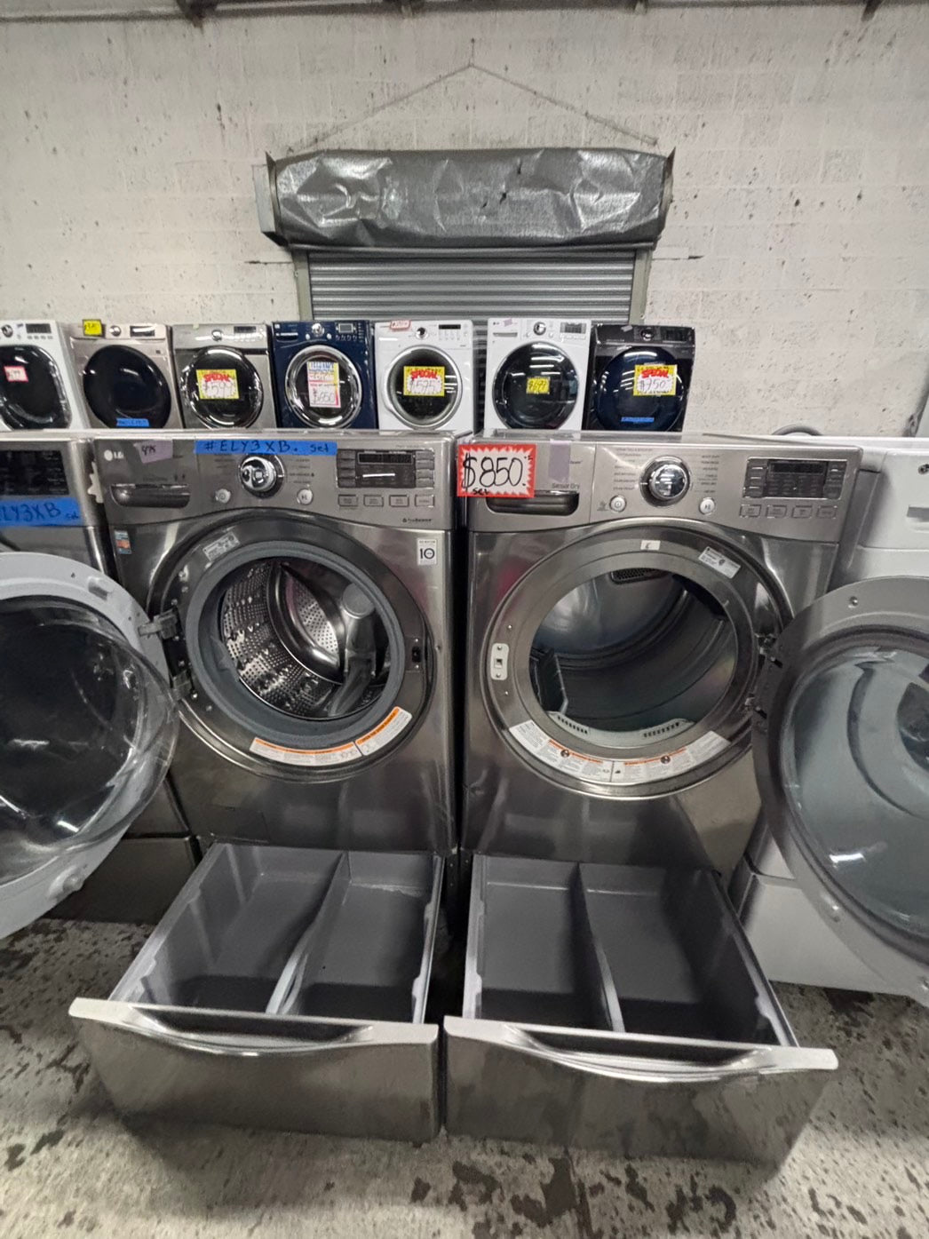 >used- refurbished LG front load washer & dryer set electric 220v large capacity with pedestals in stainless steel 27” #ELY3X45B