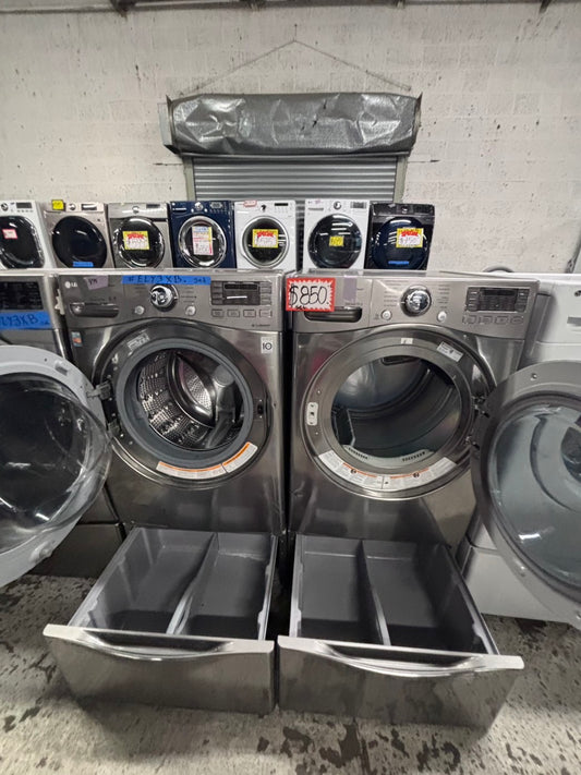 >used- refurbished LG front load washer & dryer set electric 220v large capacity with pedestals in stainless steel 27” #ELY3X45B