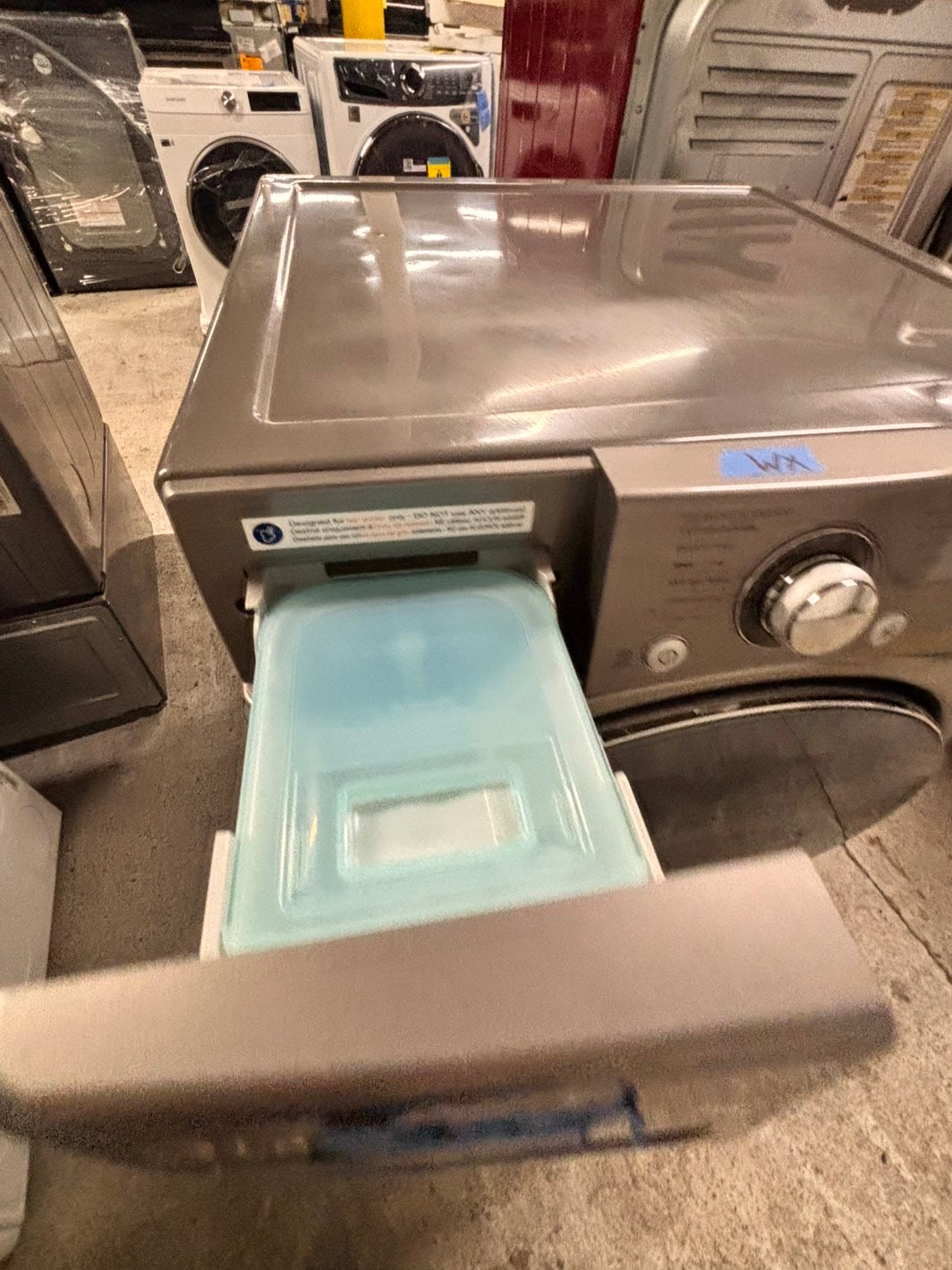 >LG  front load stackable GAS dryer in white , stainless steel drum 27" #ED771GB