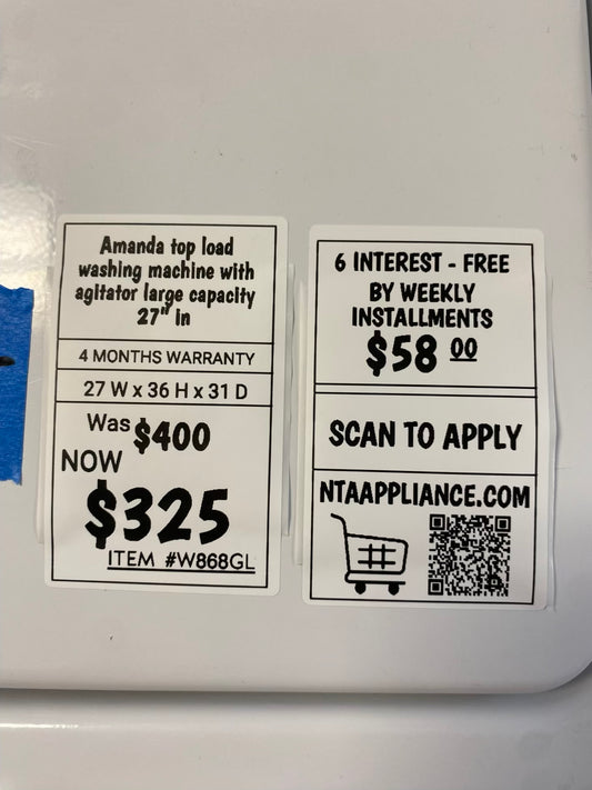 Amana top load washing machine with agitator large capacity 27" in #W868GL Refurbished