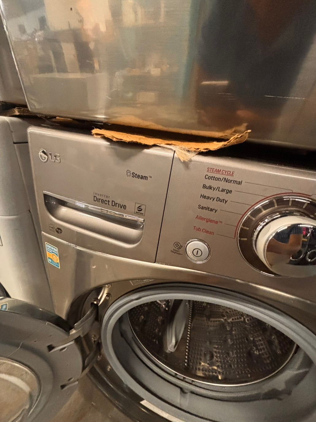 >*Used-great conditions refurbished LG steam washer 4.5cu ft & electric steam dryer 7.5 cu ft large capacity set electric 220v front load stackable or side by side - sensor dry He in silver-gray  #W9PU6SET