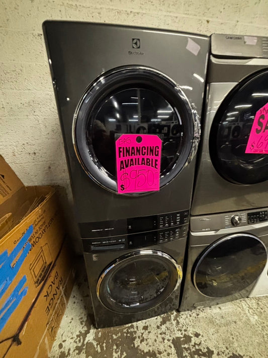>gas Electrolux gas 27” wash-tower (washer & dryer) large capacity one unit staked  in dark gray color used refurbished #GD94G4B