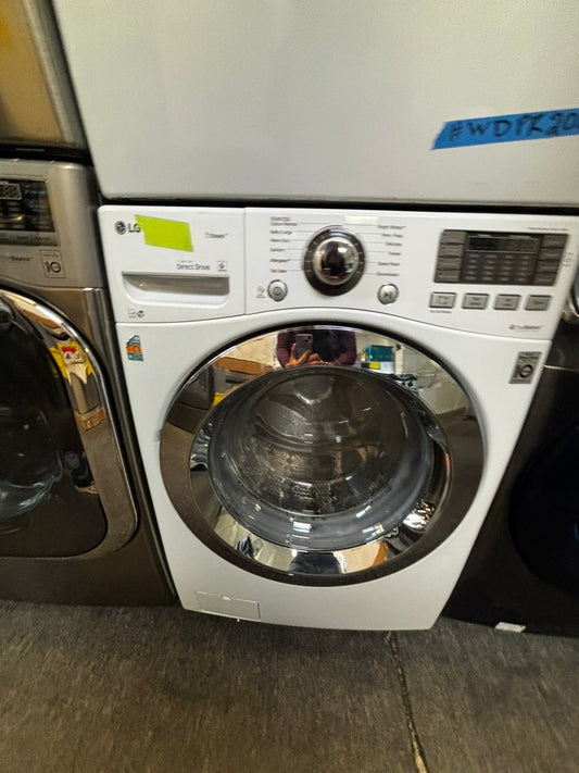 Used-Refurbished LG  27-inch wide, 4.5 cu. ft. capacity front-load washer with steam technology for cleaning and wrinkle removal. Key features include 12 wash cycles, a 1300 RPM max spin speed, NeveRust™ stainless steel drum. #FW4566L