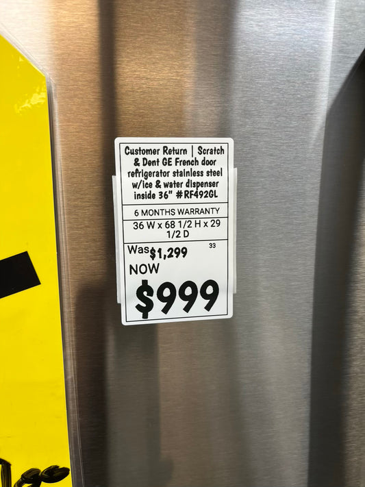 Customer Return | Scratch & Dent GE French door refrigerator stainless steel w/ice & water dispenser inside 36" #RF492GL